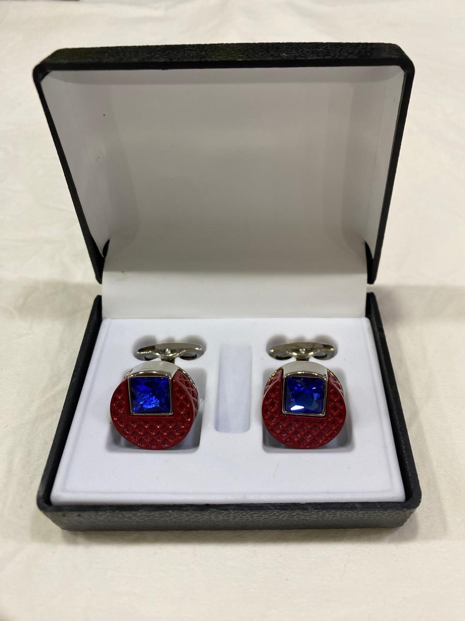 Red Rounded Cufflinks with Blue Diamond